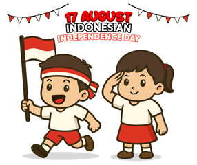 Cute Indonesian Kids Celebrating Independence Day with Flag and Salute – August 17