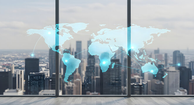 A glowing digital world map with network connections projected over a modern city skyline, viewed from a high-rise office.