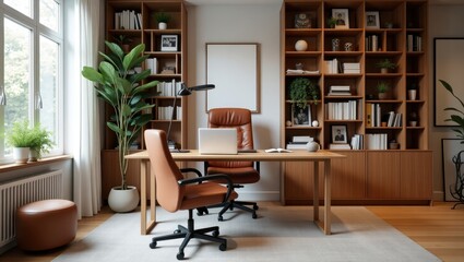 A modern home office with warm tones and plenty of natural light.