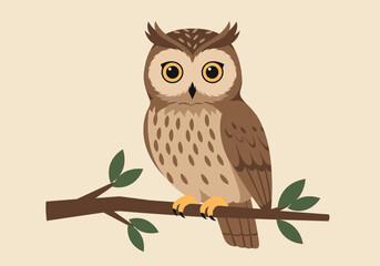 Cute Cartoon Owl Perched on Branch Detailed Design.