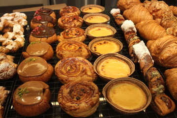 Close-up cafe showcase with cakes