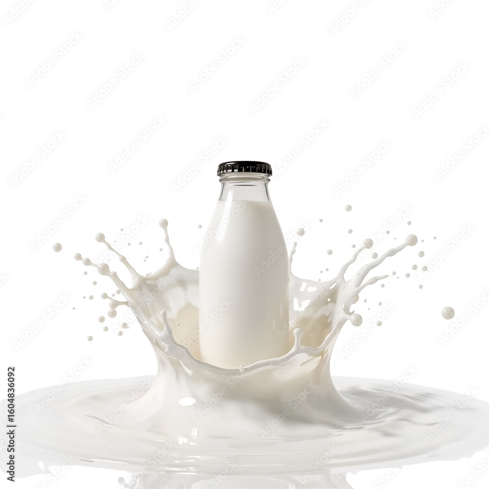 Poster dynamic milk explosion showcasing freshness and purity on an isolated transparent backdrop