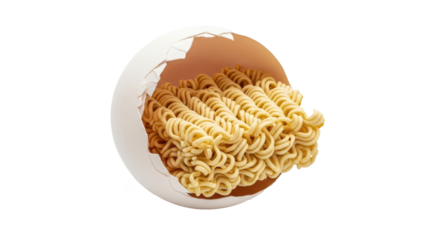 Surprising discovery instant noodles nestled inside a cracked open eggshell, a unique culinary concept for food blogs and creative projects