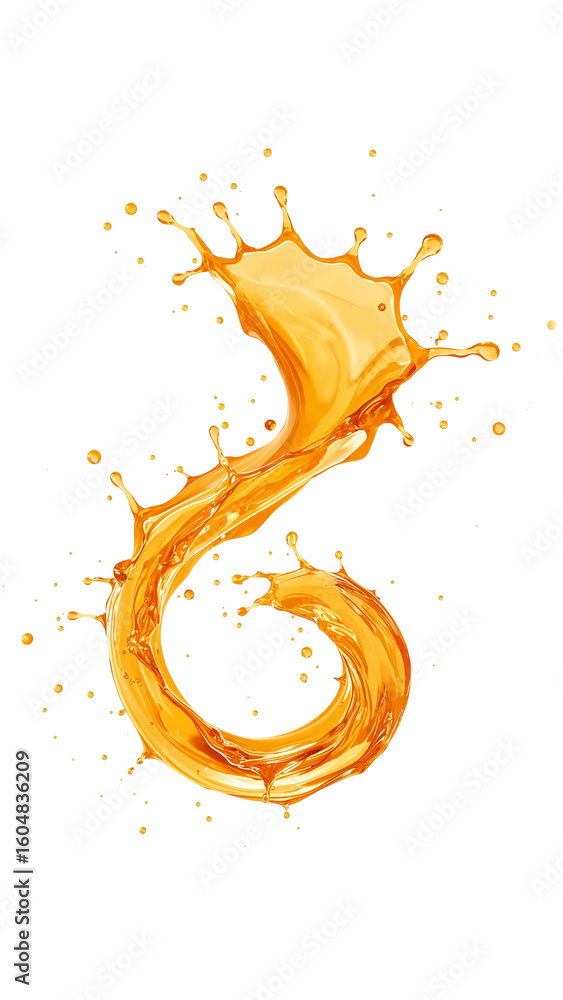 Poster dynamic splash of amber liquid swirling elegantly against a featureless space creating a