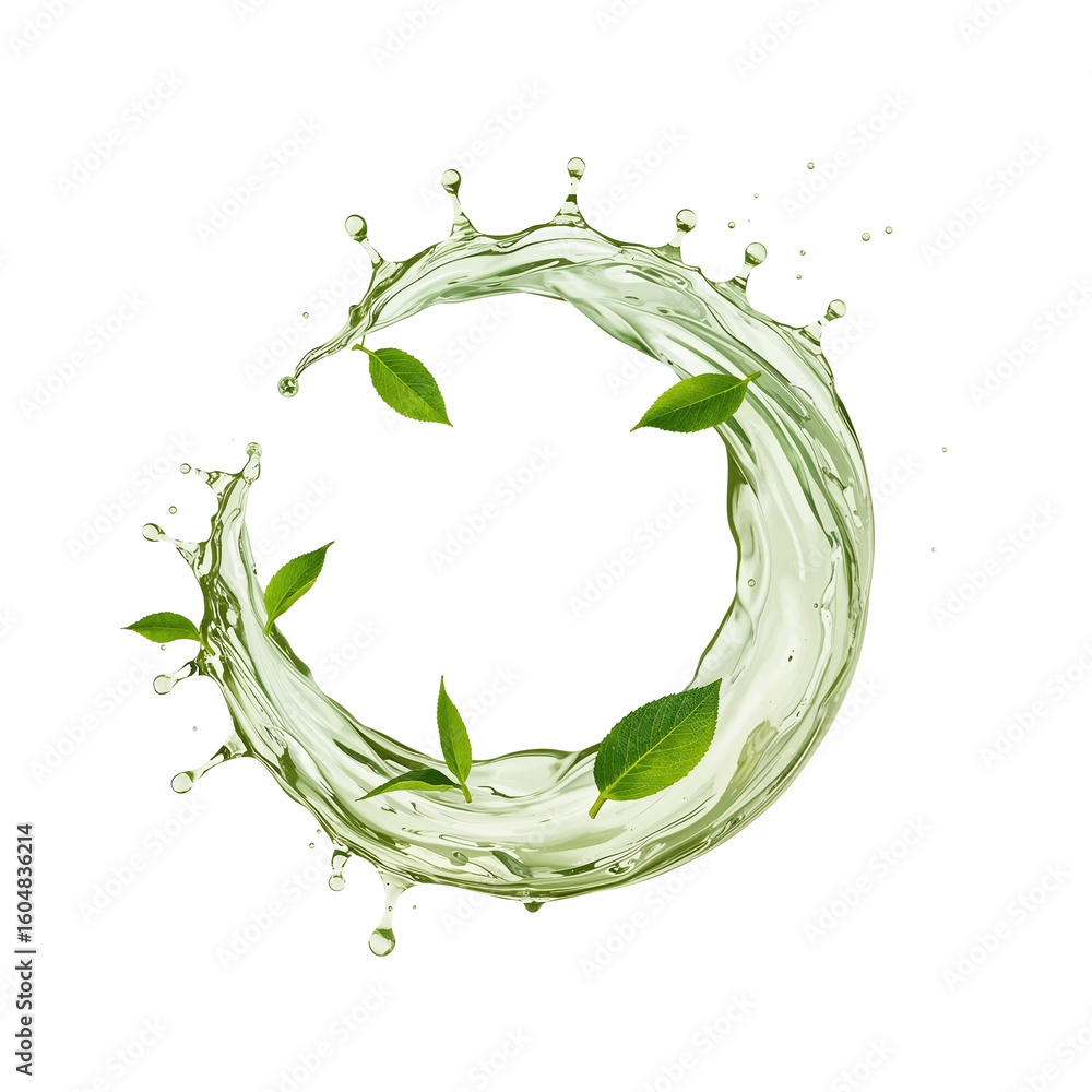 Poster invigorating burst of green liquid and floating leaves forming a circular dynamic splash on a