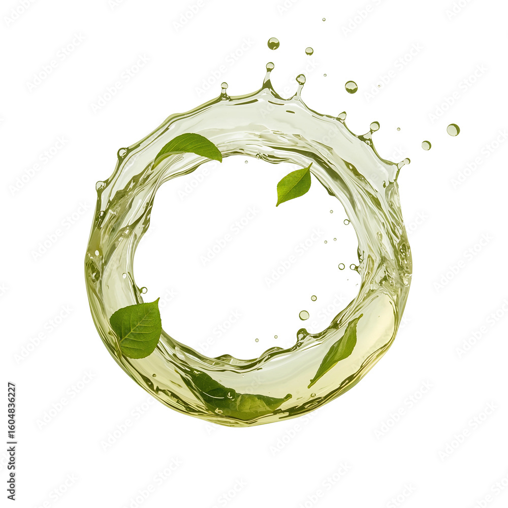 Poster dynamic liquid ring with floating green leaves creates a refreshing and lively visual element on