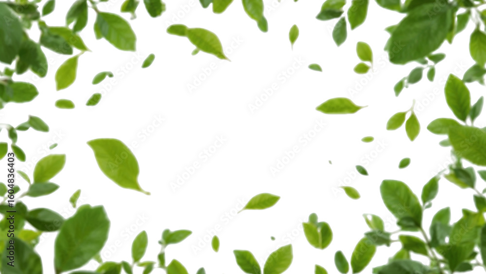 Poster vivid green leaves floating against a smooth opaque space creating dynamic composition