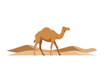 Stylized Camel Walking Across Desert Landscape in Flat Vector Illustration.