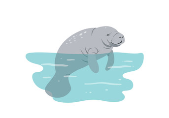 Cartoon Manatee Swimming in Light Blue Water Illustration.