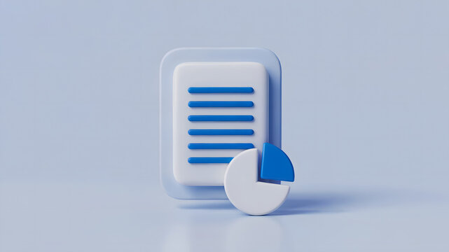 Modern 3D icon representing financial data analysis and report generation with clear charts and documents, perfect for business presentations and digital dashboards.