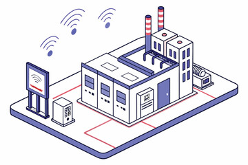 Isometric illustration of smart factory with wireless signal and digital display panel showing data