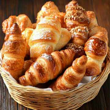 Golden croissants and pastries in a wicker basket