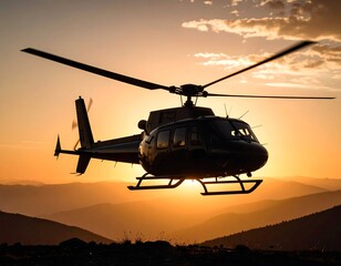 Silhouette helicopter at sunset over mountains