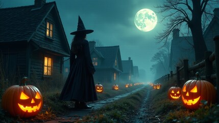 Enigmatic sorceress in a dark robe walks a mystical path illuminated by glowing jack-o'-lanterns under a full moon, passing quaint houses shrouded in fog.