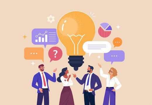 Business Discussion Concept. Vector cartoon full-length illustration in a flat style of various people talking to each other with bubbles and a light bulb over their heads. Isolated on background.