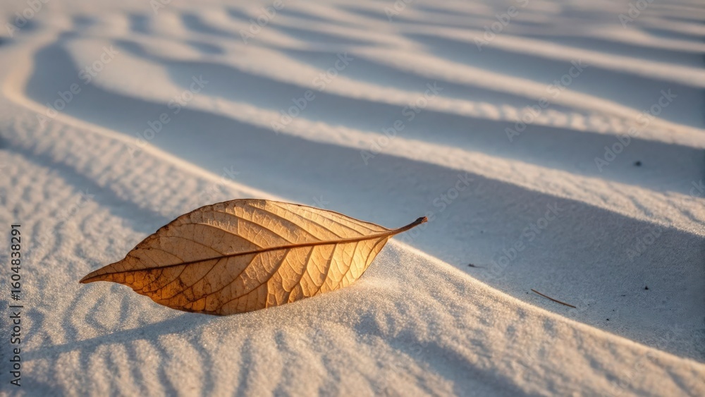 Poster a single brown leaf resting on a white sandy surface with wave like patterns in the background lands