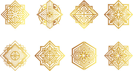 Collection of eight elegant golden geometric ornaments on a white background