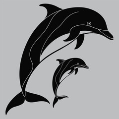 Dolphin mother and calf swimming side by side in ocean silhouette vector design art and illustration