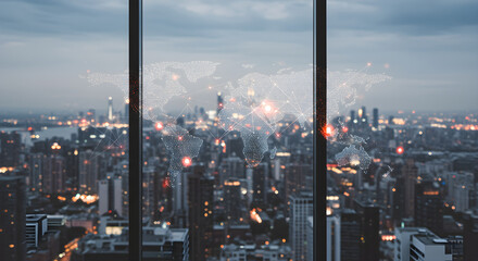 View of an illuminated cityscape at dusk from a high-rise window with a glowing global network map overlay.