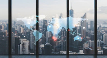 A holographic world map with connection points displayed on a modern office window overlooking a cityscape.
