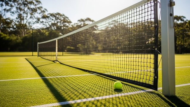 Pristine outdoor grass tennis court in summer sunlight with white lines, taut net casting shadows, yellow tennis ball near net post, healthy outdoor sports environment - Powered by Adobe