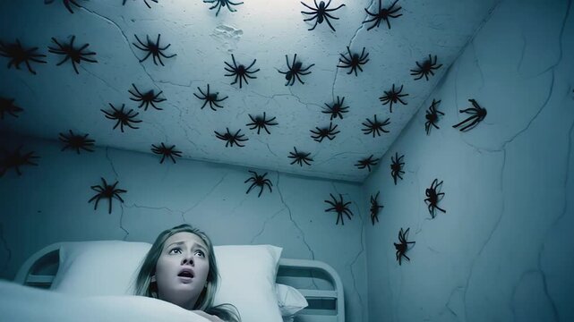 irl in hospital bed watches spiders march across walls, spider fear grips heart, eyes widen as spider fear thickens air, silence breaks under spider fear weight, concept anxiety disorder recovery