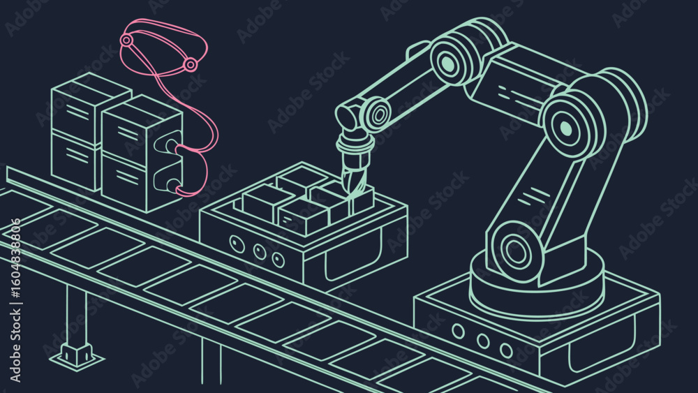 Aufkleber illustration of a robotic arm working on a conveyor belt with boxes and a pink sensor system above i