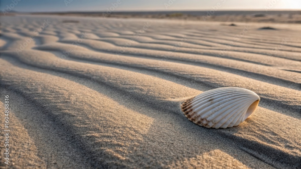 Poster a seashell resting on a sandy beach with rippled patterns under a bright sky in the distance