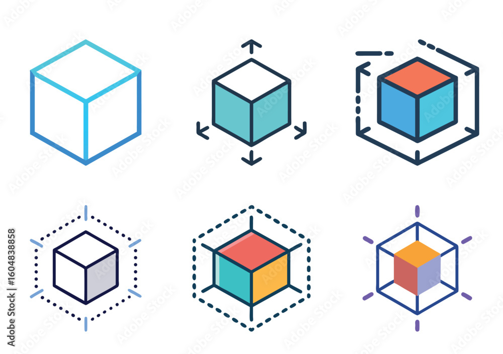 Poster diverse stylized 3d cube icon set for design and development representation
