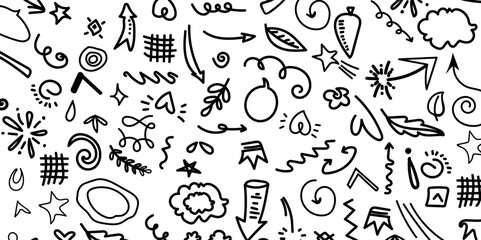Fun black line doodle seamless pattern. Creative minimalist style art background.