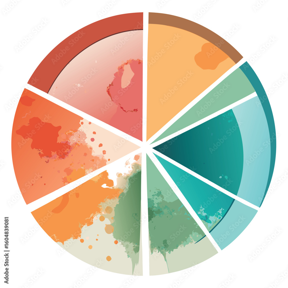 Poster abstract watercolor style pie chart illustrating diverse data segments and visual representation for