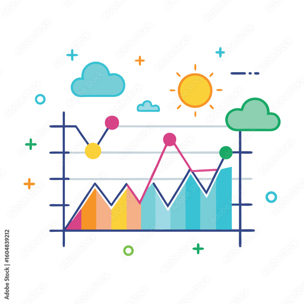 Poster colorful illustrated financial or business data visualization showing trends with various graphs lik