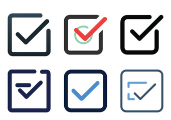 Collection of stylized check mark icons within a square border and different colors