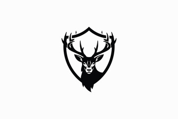 Majestic deer head logo vector design with long antlers in a shield