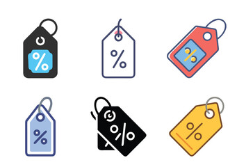 Collection of promotional discount tags illustrating various color schemes and styles