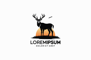Wild animal silhouette logo vector design of deer standing with sunset background