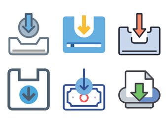 Collection of icons showing downloading files, data, and digital currency