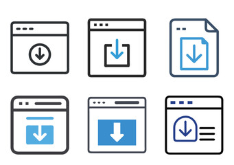 Illustration set of download icons showing different graphical representations of downloading