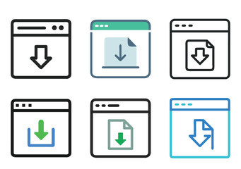 Set of stylized download icons in simulated browser window interface