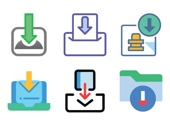 Collection of various download icons with different visual styles and colors