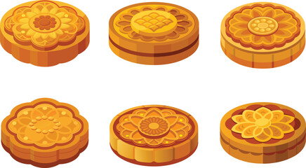 Collection of isometric mooncakes for MidAutumn Festival celebrations with various designs