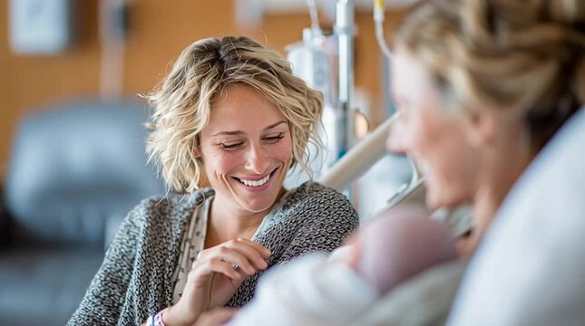 Happy mother holding newborn baby with visiting friend in hospital room