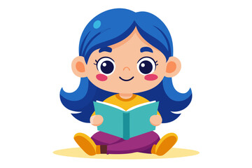 Adorable vector illustration of a cute cartoon girl with long brown hair, smiling while reading a teal book.