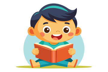 Adorable vector illustration of a cute cartoon girl with long brown hair, smiling while reading a teal book.