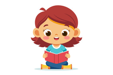 Adorable vector illustration of a cute cartoon girl with long brown hair, smiling while reading a teal book.