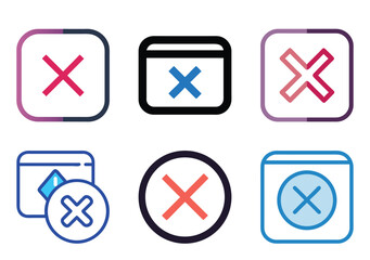 Collection of stylized close or cancel icons with various color schemes
