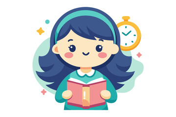 Adorable vector illustration of a cute cartoon girl with long brown hair, smiling while reading a teal book.