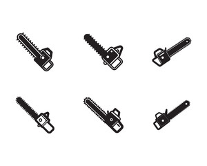 Collection of Chainsaw Icons in Black and White Minimalist Style Represents Lumberjack Tools and Forestry Equipment for Wood Cutting