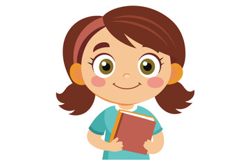 Adorable vector illustration of a cute cartoon girl with long brown hair, smiling while reading a teal book.