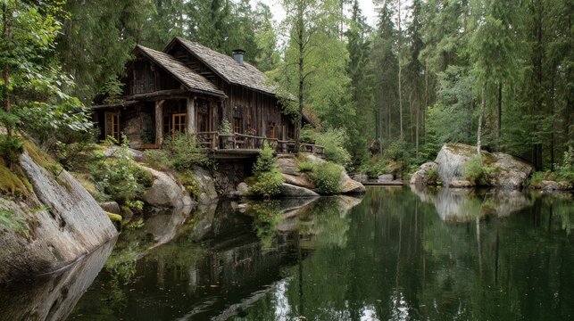 Rustic cabin by a still forest lake - Powered by Adobe